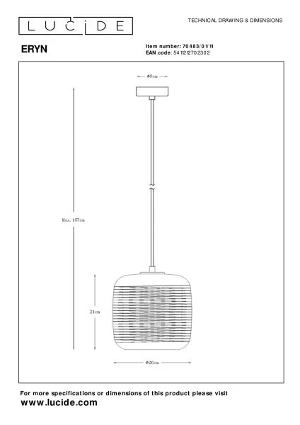 Lucide ERYN - Lámpara colgante - Ø 20 cm - 1xE27 - Cromo - TECHNISCH